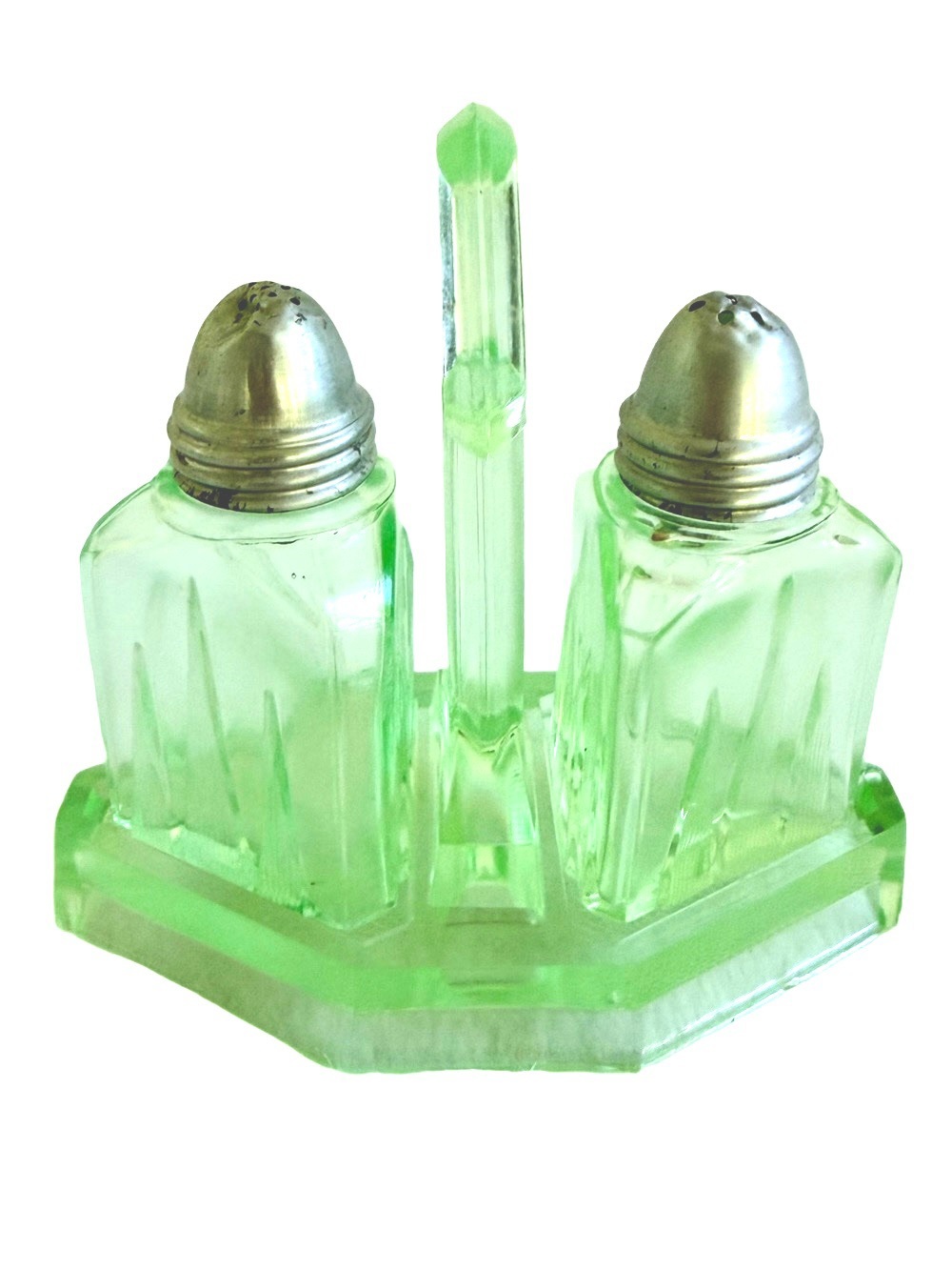 Art Deco Uranium Glass Vaseline Green Salt & Pepper Shakers W/ Caddy Antique - Picture 2 of 15